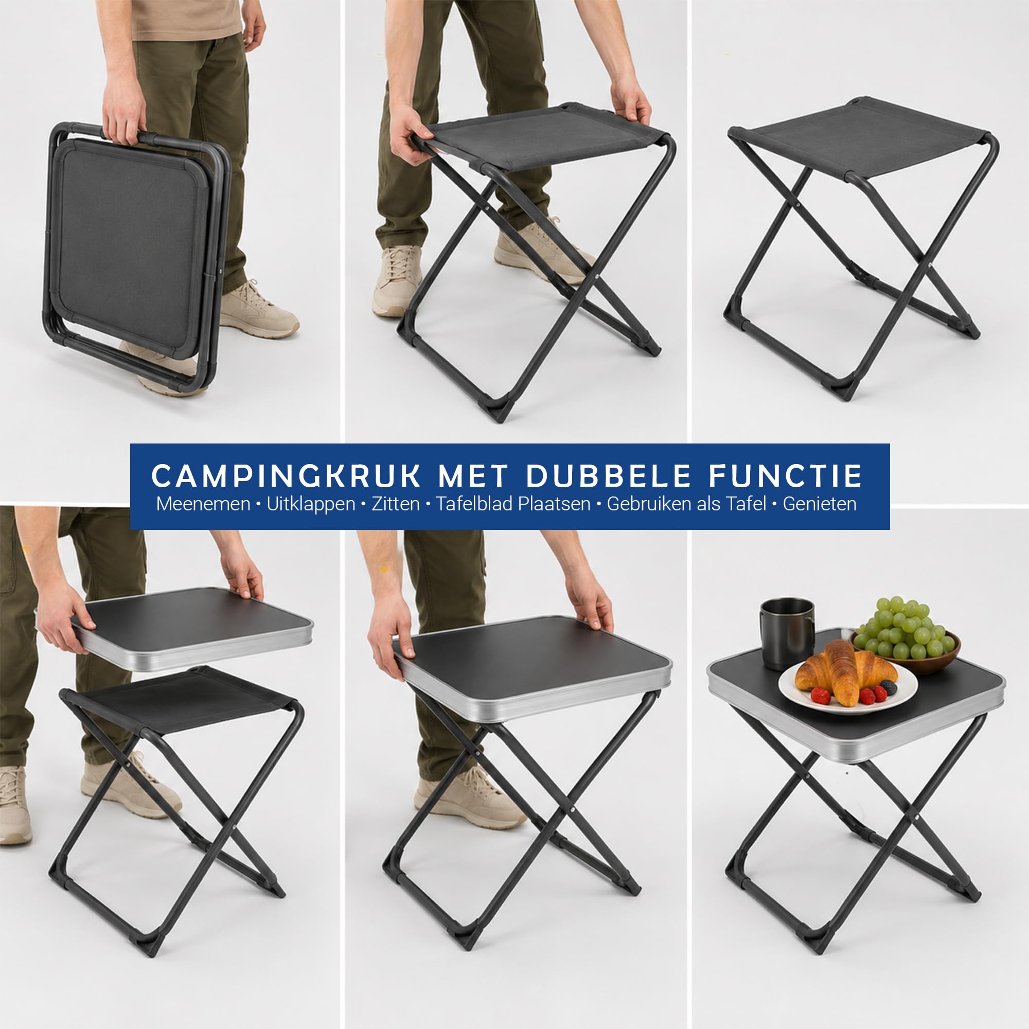 Set tavolo e sedia da campeggio grigio – Tavolo da campeggio e sgabello 2 in 1 con tavolo pieghevole, sedia pieghevole in velluto, tavolo pieghevole compatto per 1 persona, balcone, roulotte, giardino