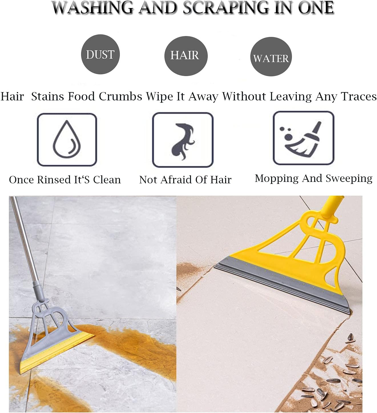 MALINOS Magic Broom Sweeper, Multifunctional 2 in 1 Rubber Easily Remove Water, Pet Hair, Dust, Window Cleaning (Yellow Pole Gray Bottom) : Health & Household