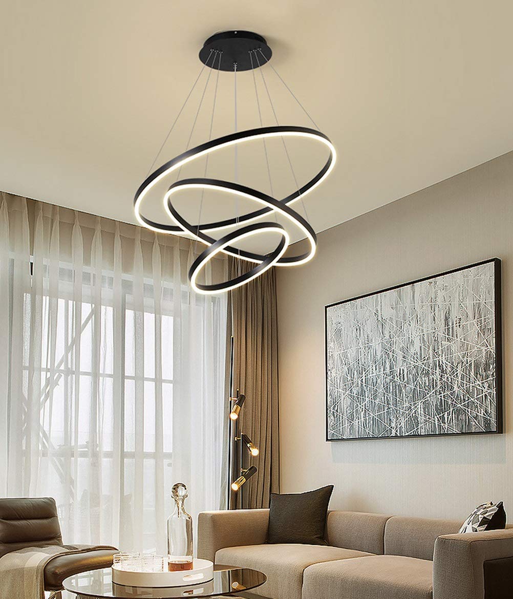 90W Suspension LED moderne dimmable 3000-6000K, Lustre LED de 3 anneaux noir, réglable en hauteur, avec télécommande, Suspension Luminaire LED pour Salon Cuisine Salle À Manger, 40+60+80cm