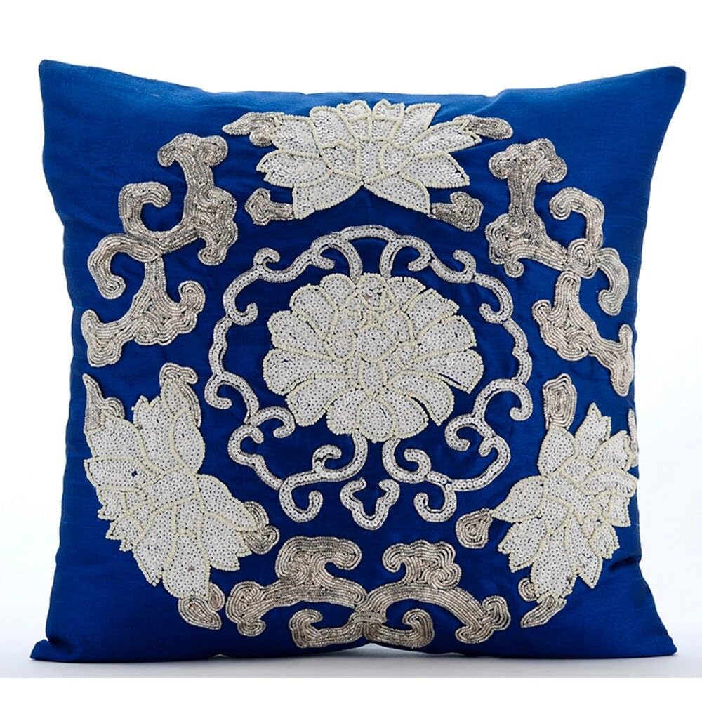 The HomeCentric Royal Blue Cushion Cases, Sequins & Beaded Turkish Flower Sparkly Glitter Medallion 35x35 cm (14x14 inch) Cushions Cover, Silk Cushions Cover, Floral Art Deco Cushion - Turkey Treasure — image 1
