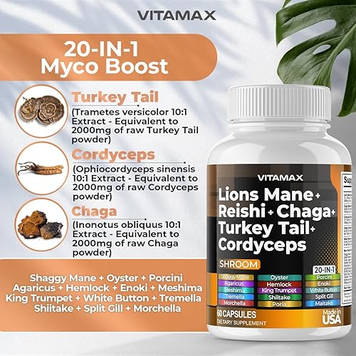 Miniatura 4 de Vitamax Seta de melena de leones, 3000 mg de cola de pavo 2000 mg Chaga y Reishi 1000 mg Cordyceps Shiitake White Elm King Trompeta Nameko Oyster