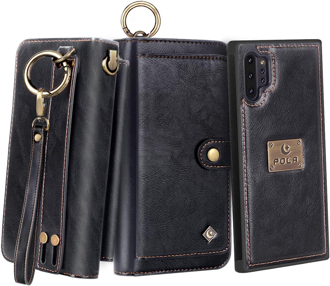 Petocase Compatible Note 10 Plus Wallet Case, Multi-Functional PU Leather Zip Wristlets Clutch Detachable Magnetic 13 Card Slots 4 Cash Purse Protection Cover for Samsung Galaxy Note 10 Plus Black