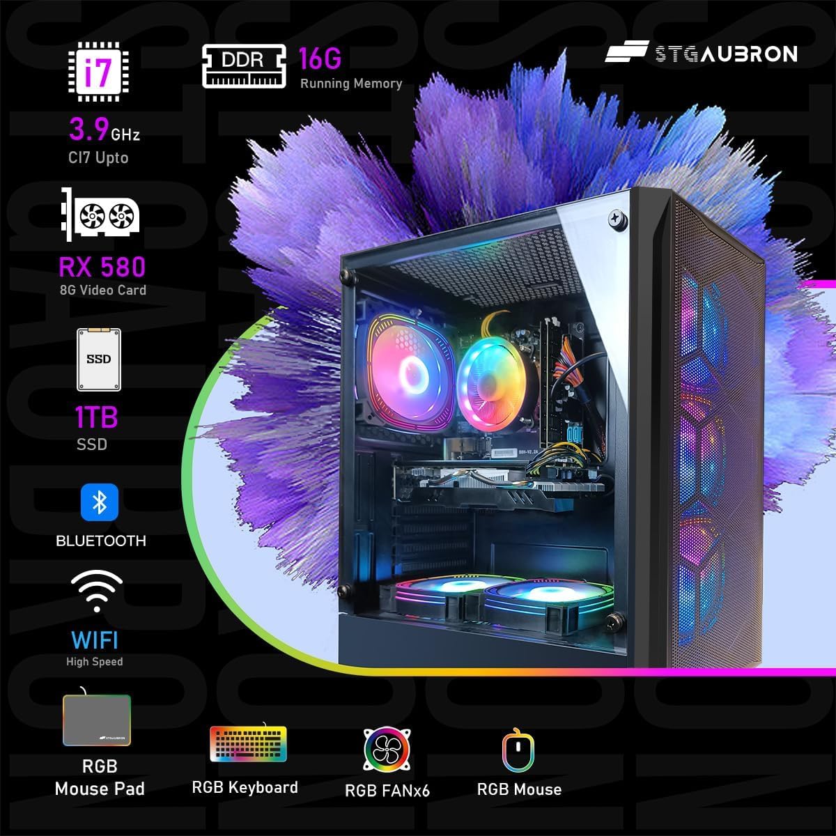 STGAubron Gaming PC Desktop, Intel Core i7 up to 3.9G, Radeon RX 580 8G, 16G RAM, 1T SSD, WiFi, BT 5.0, RGB Fan x6, RGB BT Sound bar & Headphone, Windows 11 Home