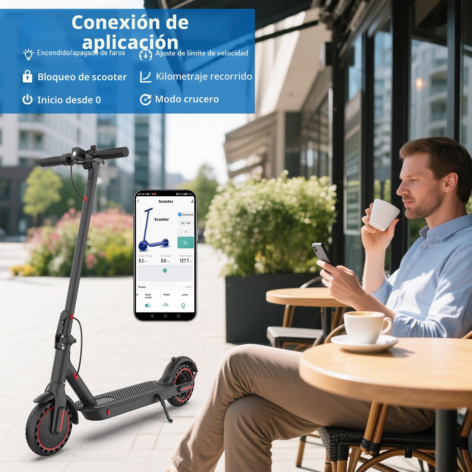 Patinete eléctrico Patinete eléctrico plegable con velocidad máxima de 20 km/h y autonomía de hasta 30 km, sistema de frenado doble, pantalla LED y configuración de la aplicación