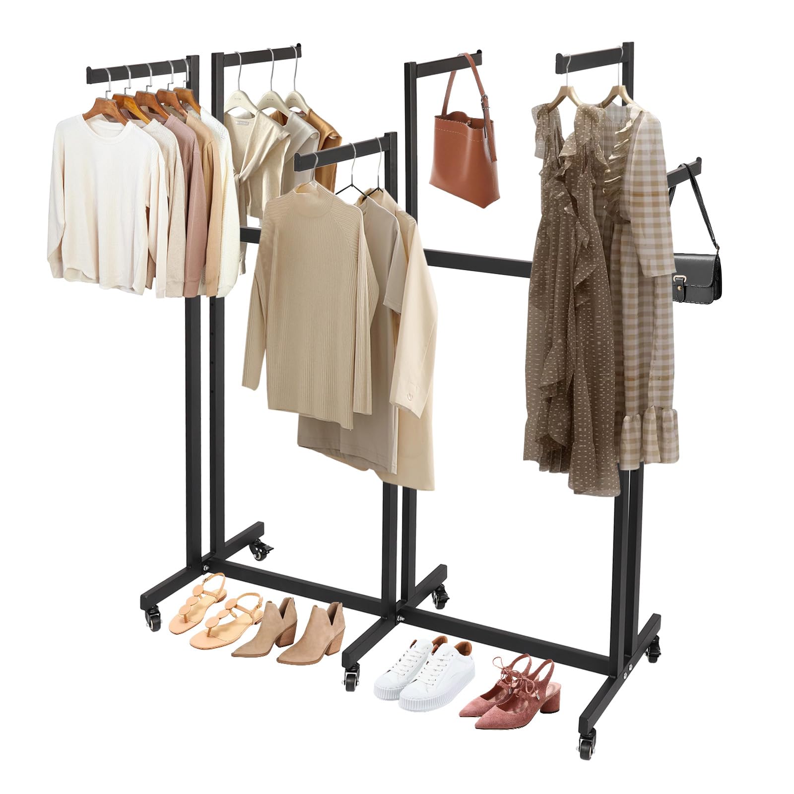 Ghankopd Floor Standing Metal Garment Rack 6 Way Clothing Rack Adjustable 3.94-5.18ft Heavy Duty Clothes Rack Garment Rack with Wheels for Retail Restaurants Storage Display (Black)