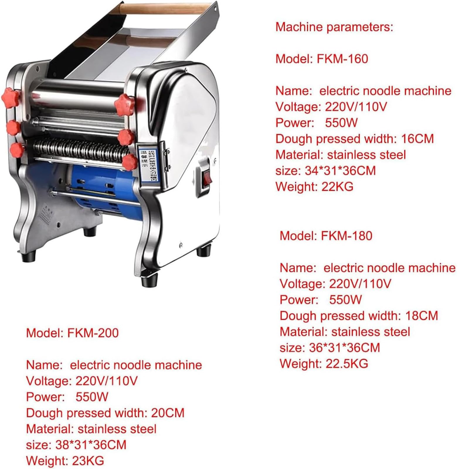 Máquina De Pasta Eléctrica 550w,Laminadora De Masa Comercial,Máquina Para Hacer Pasta Fresca En Casa Acero Inoxidable,Para Fideos/Espaguetis/Lasaña,FKM180