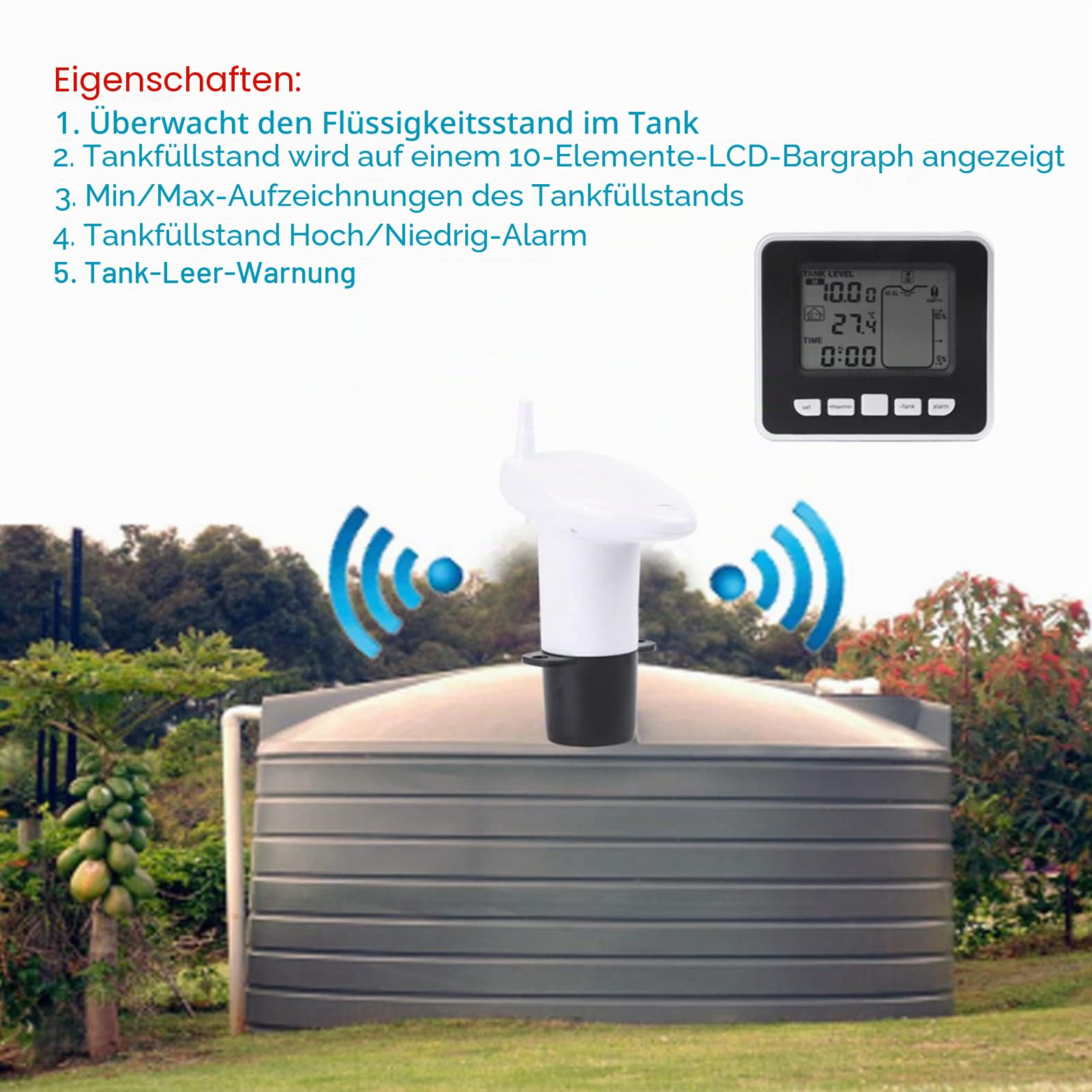 Ultraschall Füllstandsmesser Füllstandsanzeige Thermometer Hygrometer Mit Temperaturanzeige-Sensor-Wasserspiegel-Messgerät Für Zisterne Regenwassertanks