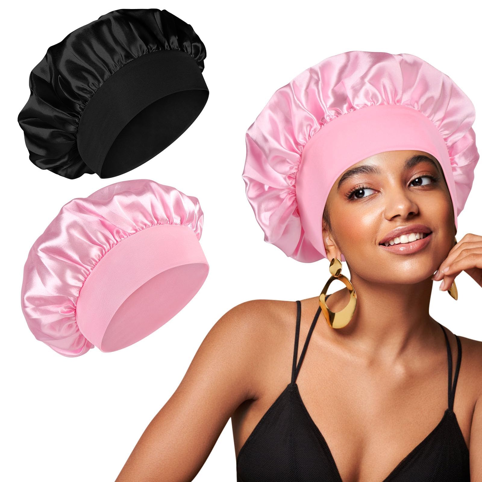 Photo 1 of 2 PCS Silk Bonnet Satin Bonnet for Sleeping, Hair Bonnet for Women Wide Soft Band Sleep Cap for Curly Hair (Black/Pink)