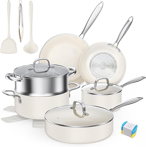 Miniatura 9 de PekGema Juego de utensilios de cocina de cerámica, ollas y sartenes antiadherentes, no tóxico, saludable, antiadherente, utensilios de cocina de