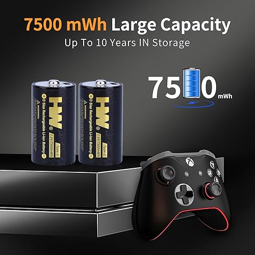 Miniatura 2 de HW Baterías recargables de celda D, batería de litio D con cable USB-C 2 en 1 cargador rápido, paquete de 2 7500 mWh D, más de 1000 ciclos, baterías