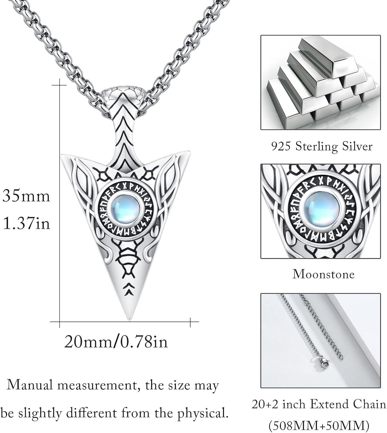 Arrowhead Necklace Men 925 Sterling Silver Arrow Celtic Moonstone/Turquoise/Opal Viking Necklace Men's Pendant Runes Viking Necklace Celtic Jewelry for Men Son Teens Women - Image 3