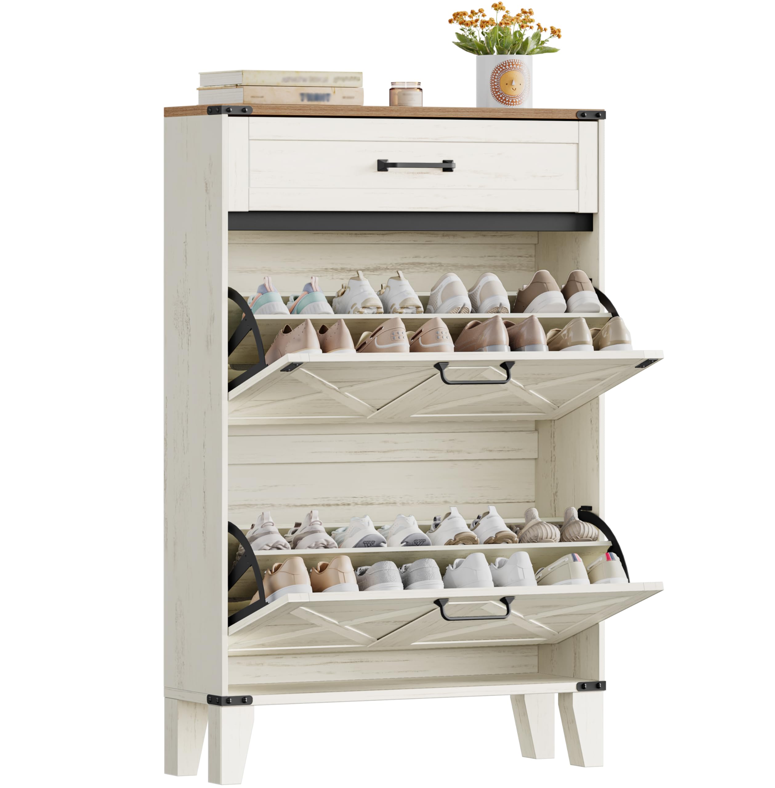 Hzuaneri Schuhschrank mit 2 Klappen, Schuhregal Schuhkipper Schmal, 1 Große Schublade, Verstellbar, 16 Paar, Schuhaufbewahrung für Eingang, Flur, Garderobe, 24 x 76 x 117 cm, Braun und Weiß SR59014X