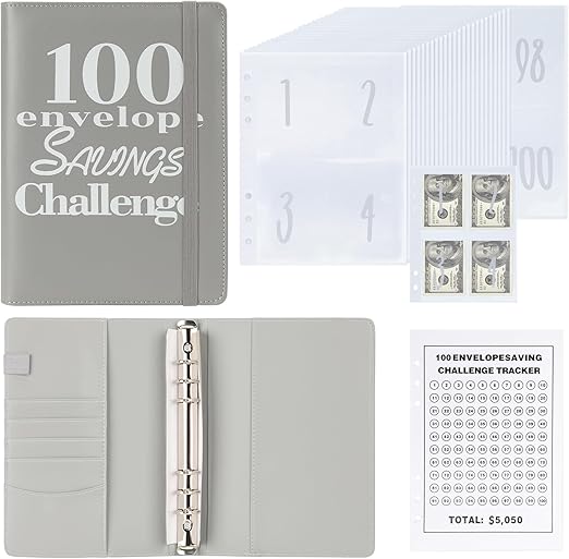 100 Envelopes Money Saving Binder A5 Savings Challenge Book (A5grey)