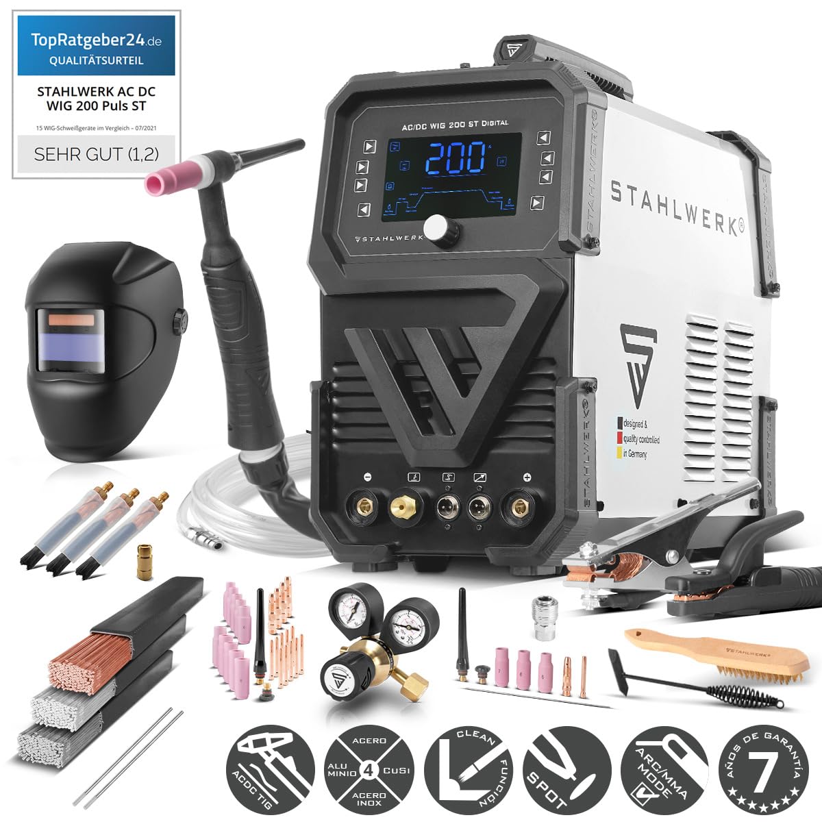 STAHLWERK Soldador combinado 3 en 1 AC/DC TIG 200 ST Digital – Equipo completo – Máquina de soldar TIG & MMA (Electrodo), modo Clean para limpieza electroquímica de soldaduras de acero inoxidable
