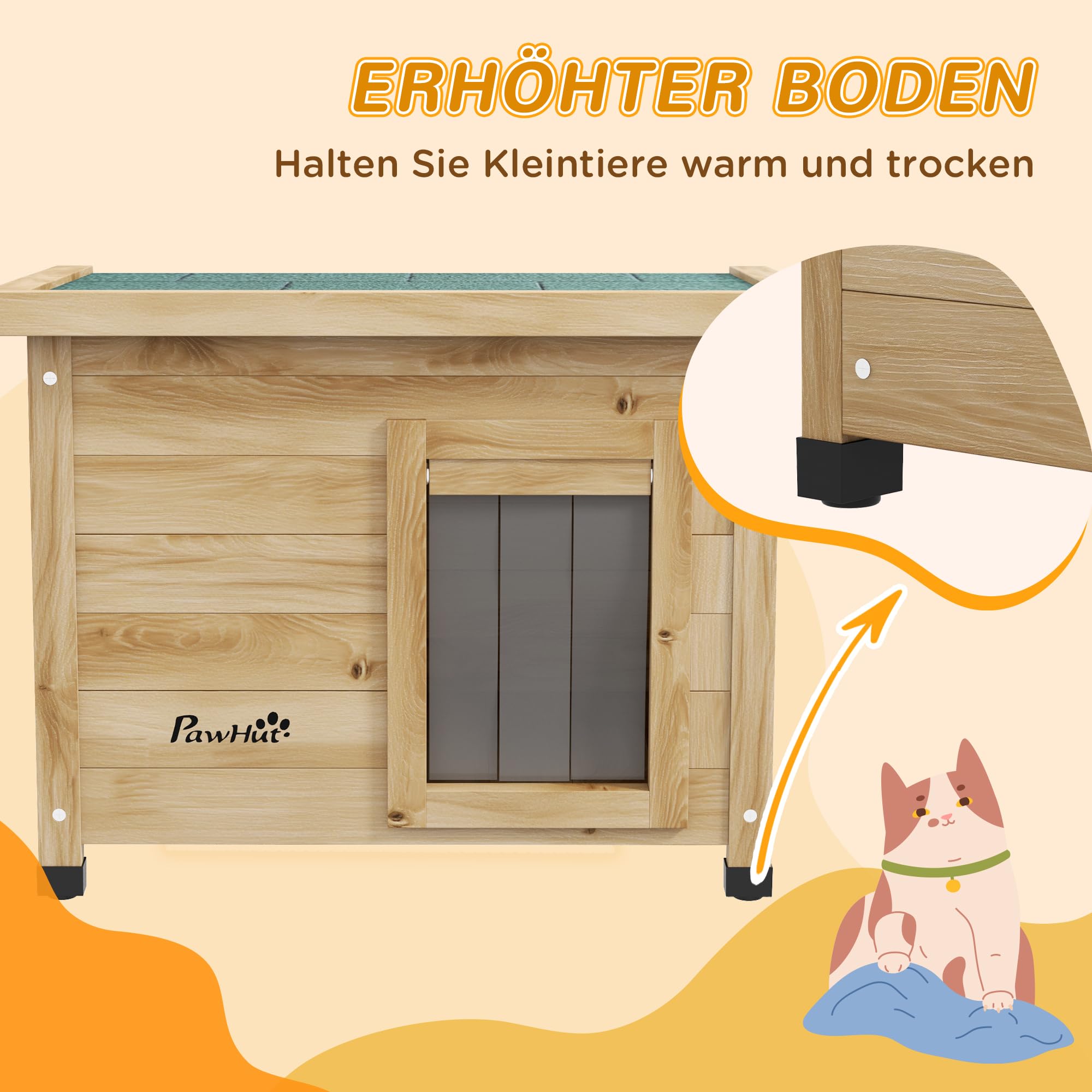 PawHut Katzenhaus aus Holz Outdoor Winterfest 57 x 45 x 43 cm Gelb | Wasserdicht, Katzenhütte, Asphaltdach, Fenster, Türvorhang, Erhöhte Katzenhöhle, Katzenkiste, für Draußen