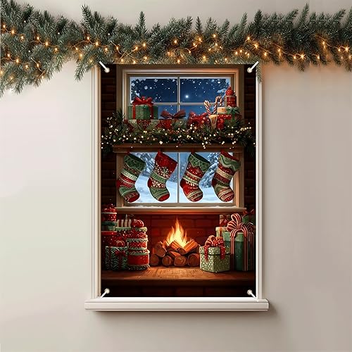 Miniatura 2 de Cartel navideño de ventana de 31.5 x 47 pulgadas con medias de Navidad, regalos, bastones de caramelo y chimenea, decoración al aire libre con