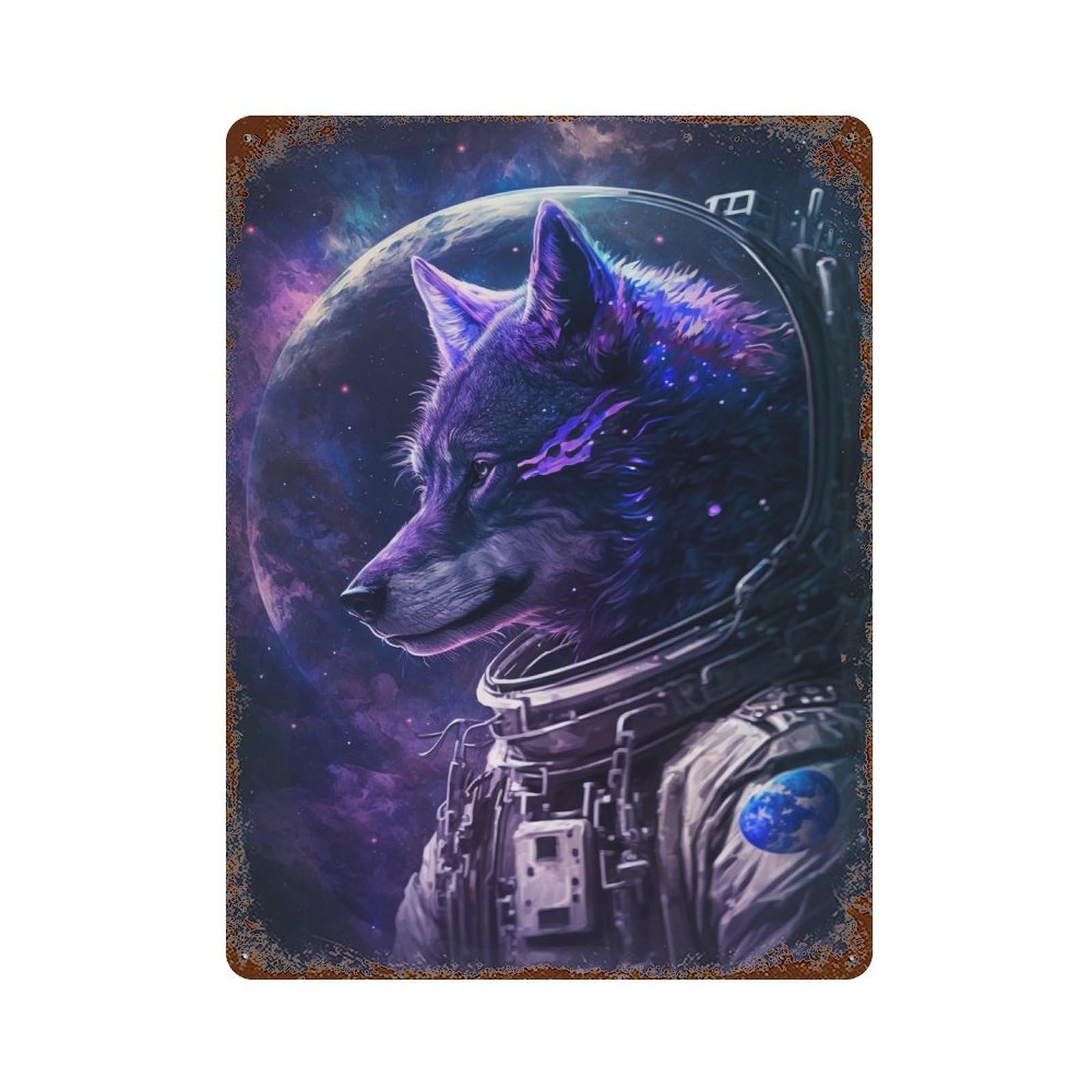 Cosmic Wolf Astronaut Art Print Rusty Metal Tin Sign 15.7"x11.8", Rustic Home Decor for Garage, Pub Or Kitchen