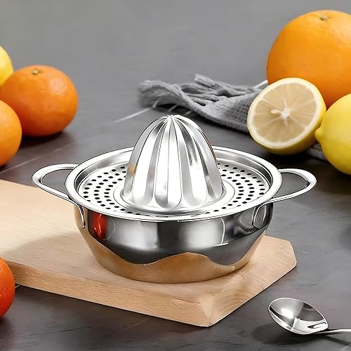 Exprimidor de jugo de limón y lima, exprimidor de mano de acero inoxidable 304 con cuenco de 13.5 onzas, exprimidor de presión manual para frutas