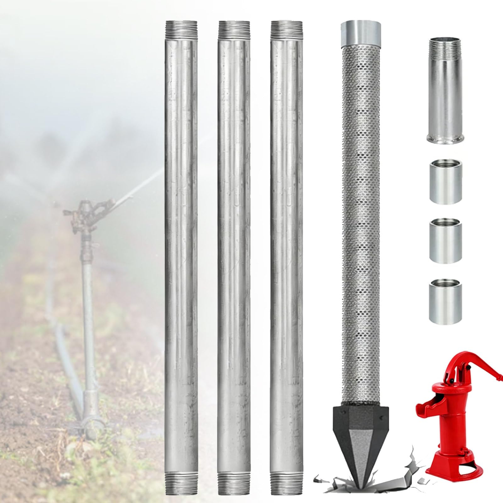 ZyKnaurral Self-sufficient DIY Driven Point Well Kit，with 1-1/4" x 36" Water Well Drilling Point, Galvanized Drive Pipes, Couplings and 60 Gauze Mesh Screen to Clean Water 4M-WithWaterPump