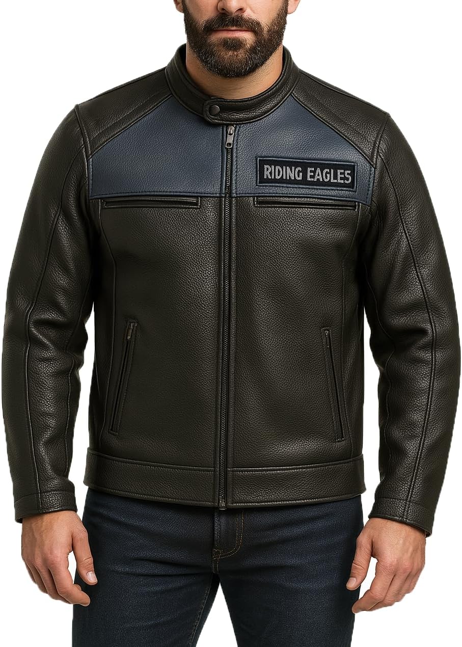 Men's Legendary Coloblocked Black Motorcycle Real Cowhide Leather Jacket with Dual Vents