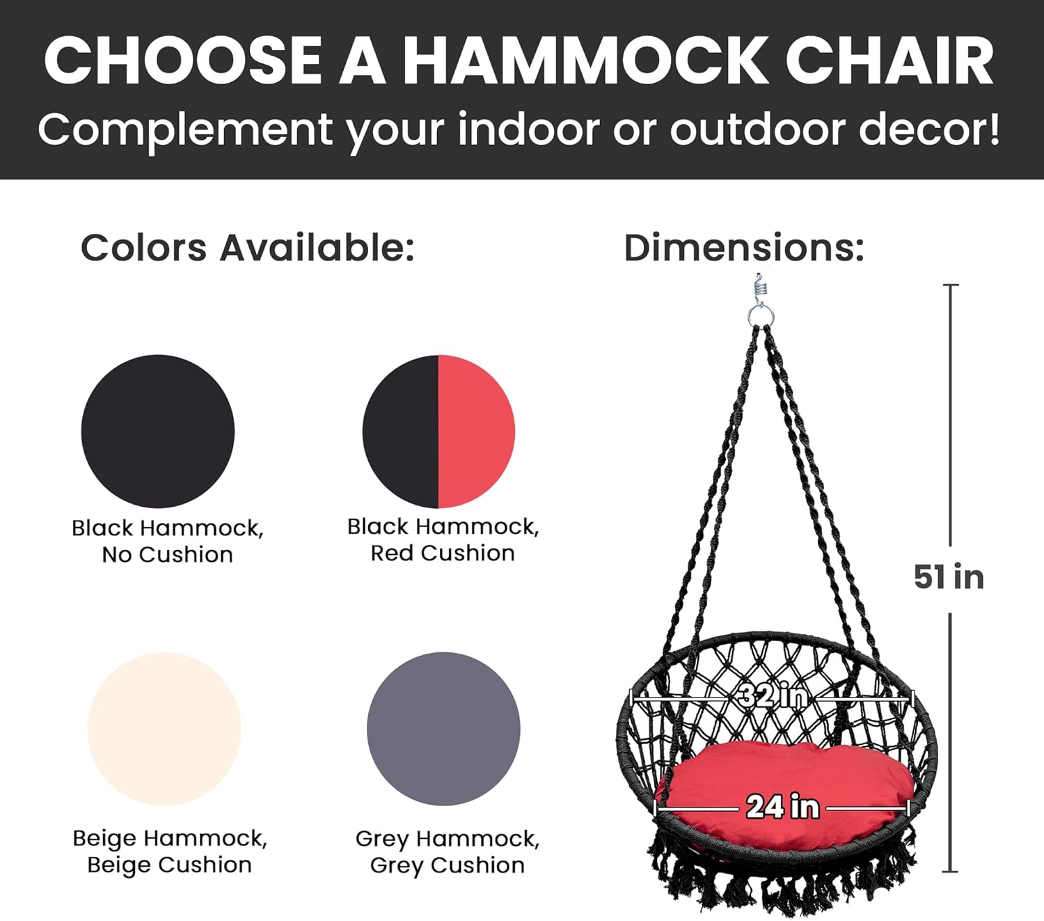 Bahia Macrame Hammock Chair with Cushion Hanging Chair for Bedroom Rope Boho Swing Chair Indoor Macrame Swinging Chair Outdoor Hand Woven Rope Hammock Accent Chair - Black Hammock Chair, Red Cushion