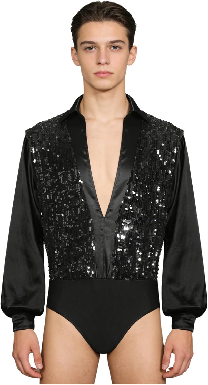 Hularka Men's Glittery Sequin Latin Dance Leotard Shirt Long Sleeves Buttoned Crotch Ballet Leotard Gymnastics Bodysuit