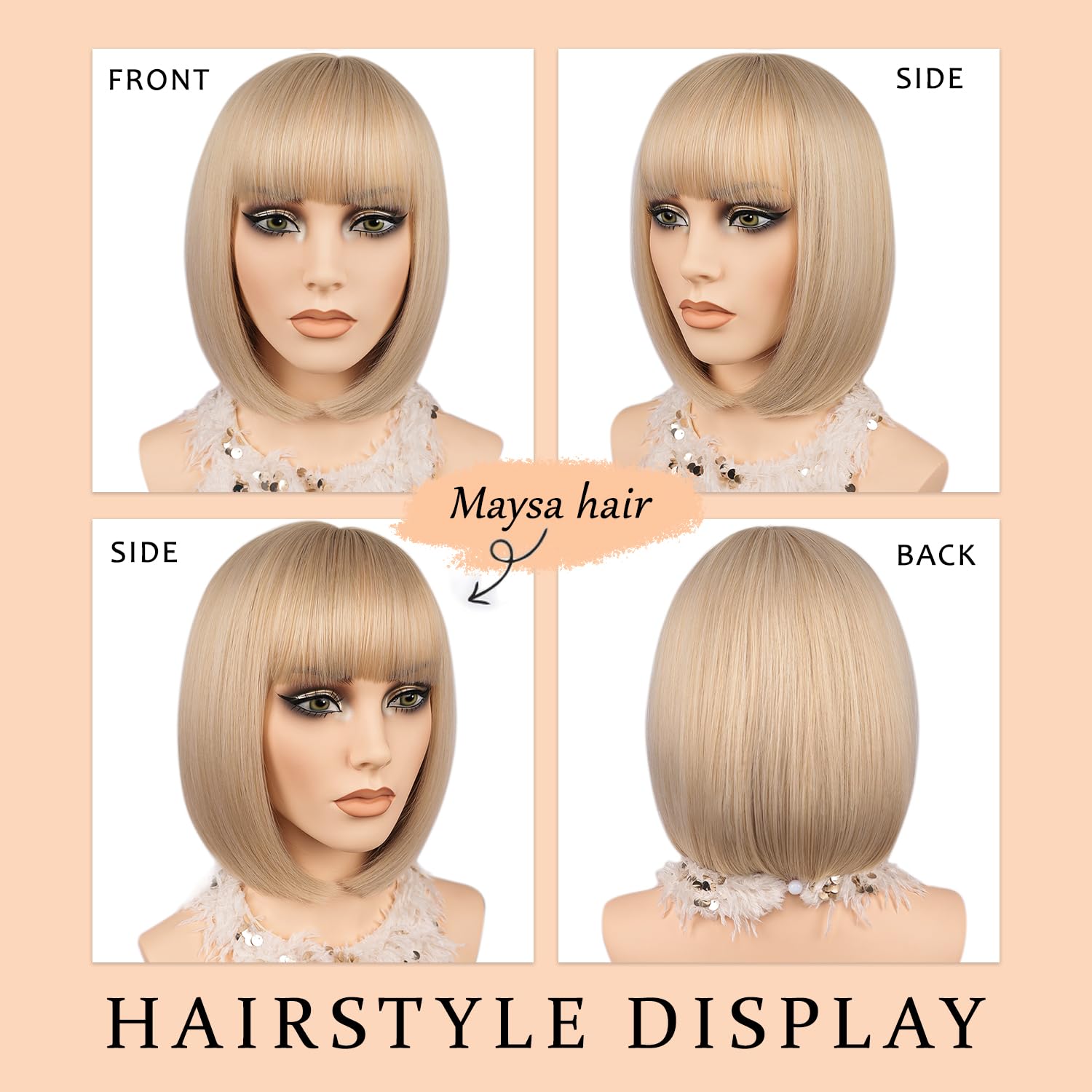 MAYSA Blonde Bob Wig with Bangs for Women, Short Straight Bob Wigs, Synthetic Natural Looking Daily Party Wigs # Gloden Blonde mix Platinum Blonde - Image 7