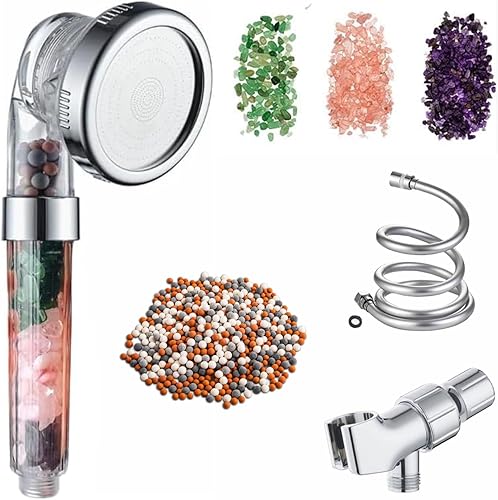MineralStream Kit de cabezal de ducha de chakras con cuentas de repuesto + cristales terapéuticos naturales + desviador de brazo de ducha + manguera