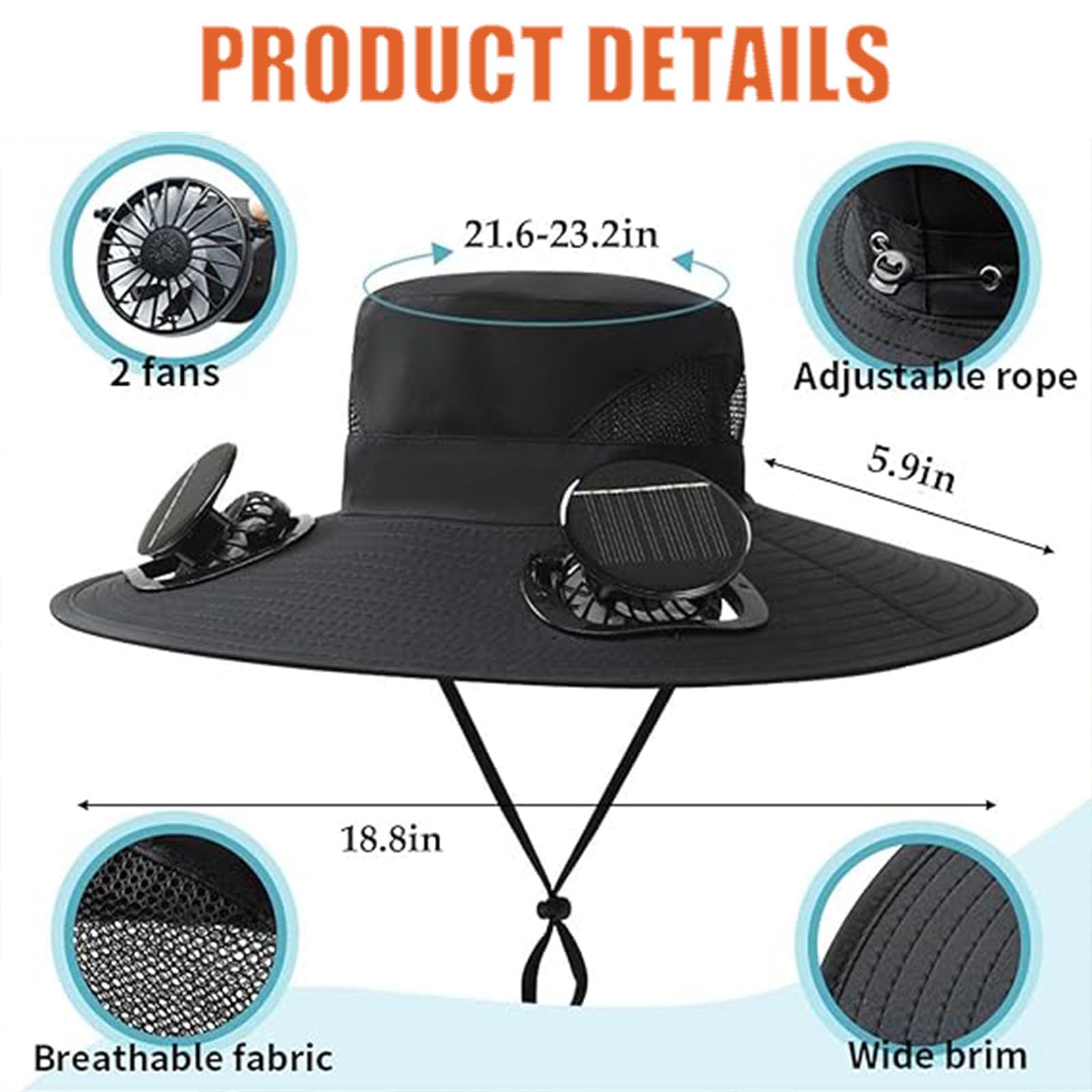 Colitt - Fishing Hat with Built in Fan, Wide Brim Solar Fan Outdoor Fishing Hat-Solar & USB Charging, UPF50+ (Army Green Ink)