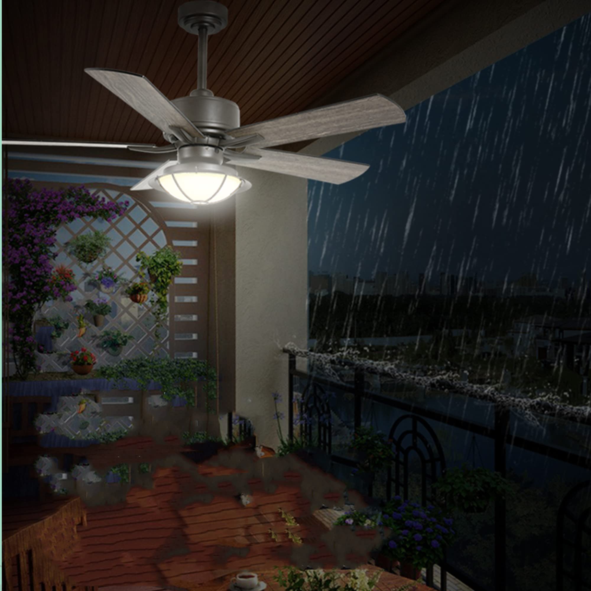 Waterproof Ceiling Fan with LED Lights, Outdoor Ceiling Fan with Remote Control, 5 Wind Speeds, 3 Timing Gears for Balconies and Gazebos
