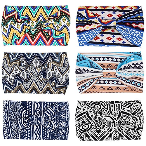 Carede Women's 5.5" Wide Bow Yoga Sport Headbands Performance Stretch & Moisture Wicking Boho Floral Hairband Knotted Headwrap Hair Accessories,Pack of 6