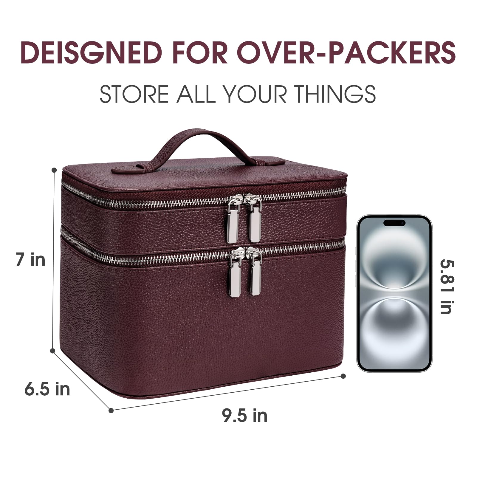 Make-up-Koffer, großes Fassungsvermögen, wasserdicht, doppellagig, Kosmetiktasche mit herausnehmbarer Trennwand, Doppelfach, Pinsel-Organizer, multifunktionaler Reise-Organizer, Burgunderrot