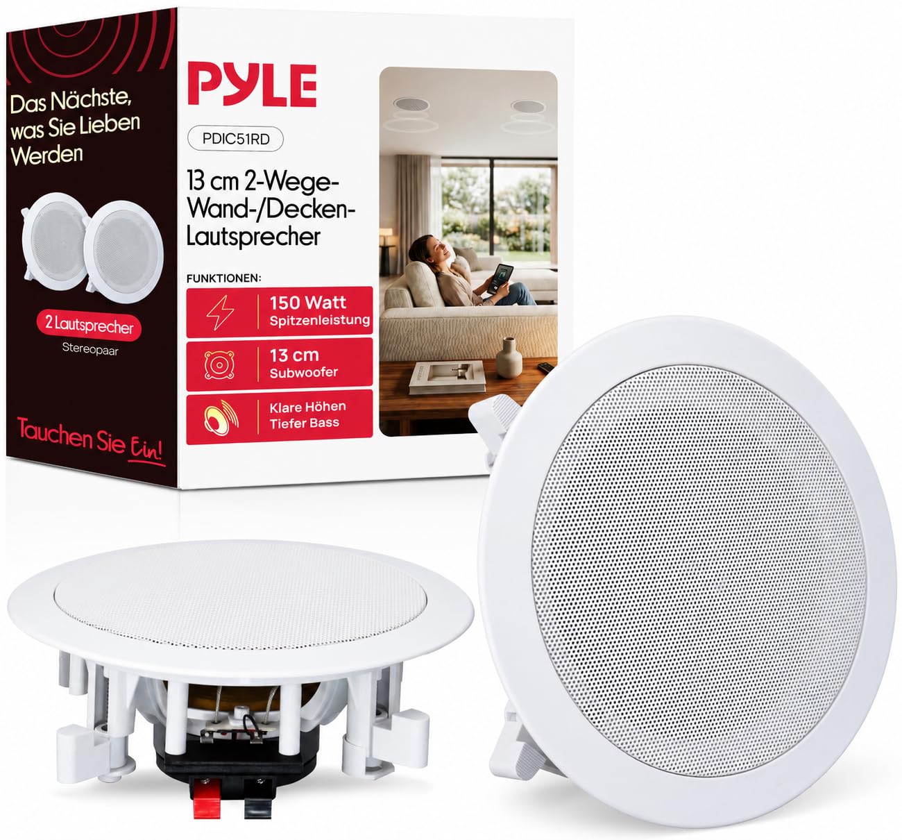 Pyle Deckenlautsprecher, 13cm- 2-Wege Einbaulautsprecher, 150W, Rund, Weiß- Für Decke & Wandmontage, 80 Hz–20 kHz, Flach & Leicht zu Installieren, Ideal für Heimkino & Multiroom