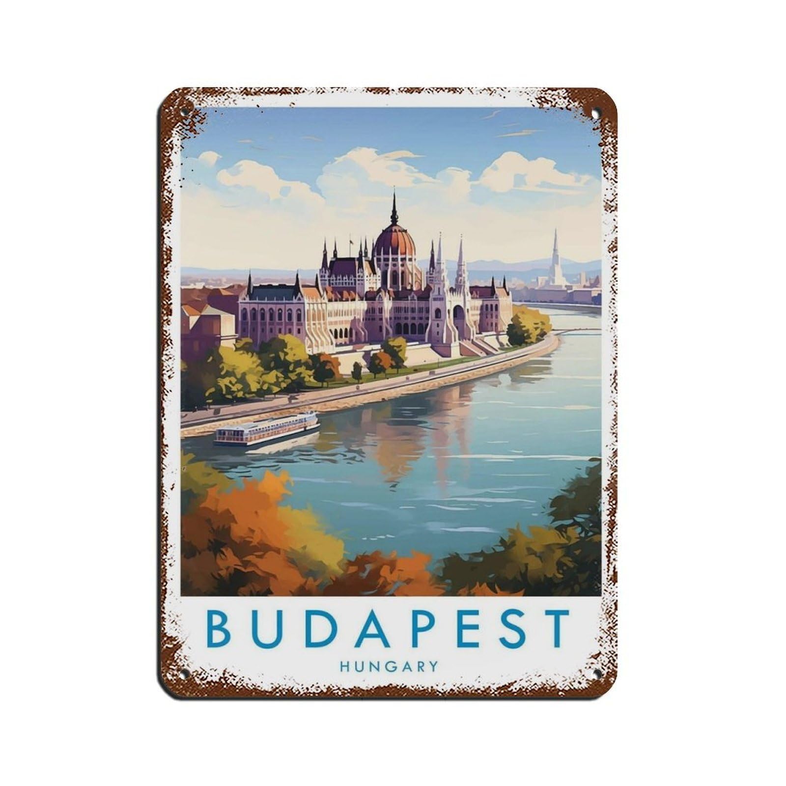 Budapest Travel Poster, Hungary（34） Retro Poster Metal Tin Sign Chic Art Retro Iron Painting Bar People Cave Cafe Family Garage Poster Wall Decoration 12x16inch(30x40cm)