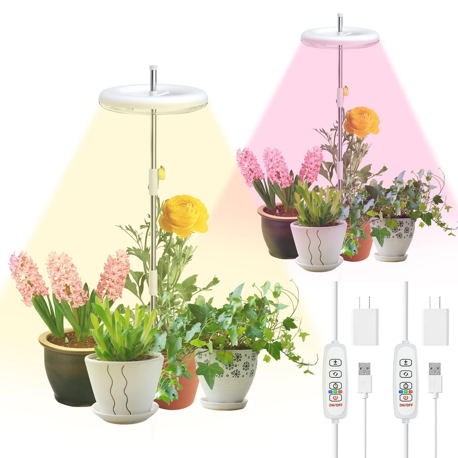 Grow Lights 2Pack, Full Spectrum LED Grow Lights for Indoor Plants, Height Adjustable Plant Light with 10 Dimmable Brightness and Auto On/Off Timer 3/9/12H, Ideal for Small Plants Growing