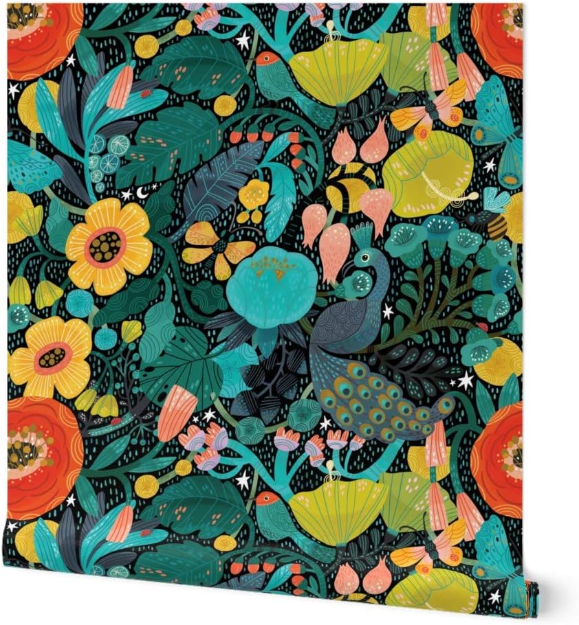 Peel & Stick Wallpaper Swatch - Bohemian Mod Peacock Colorful Nature Floral Exotic Animal Boho Forest Modern Bird Custom Removable Wallpaper by Spoonflower