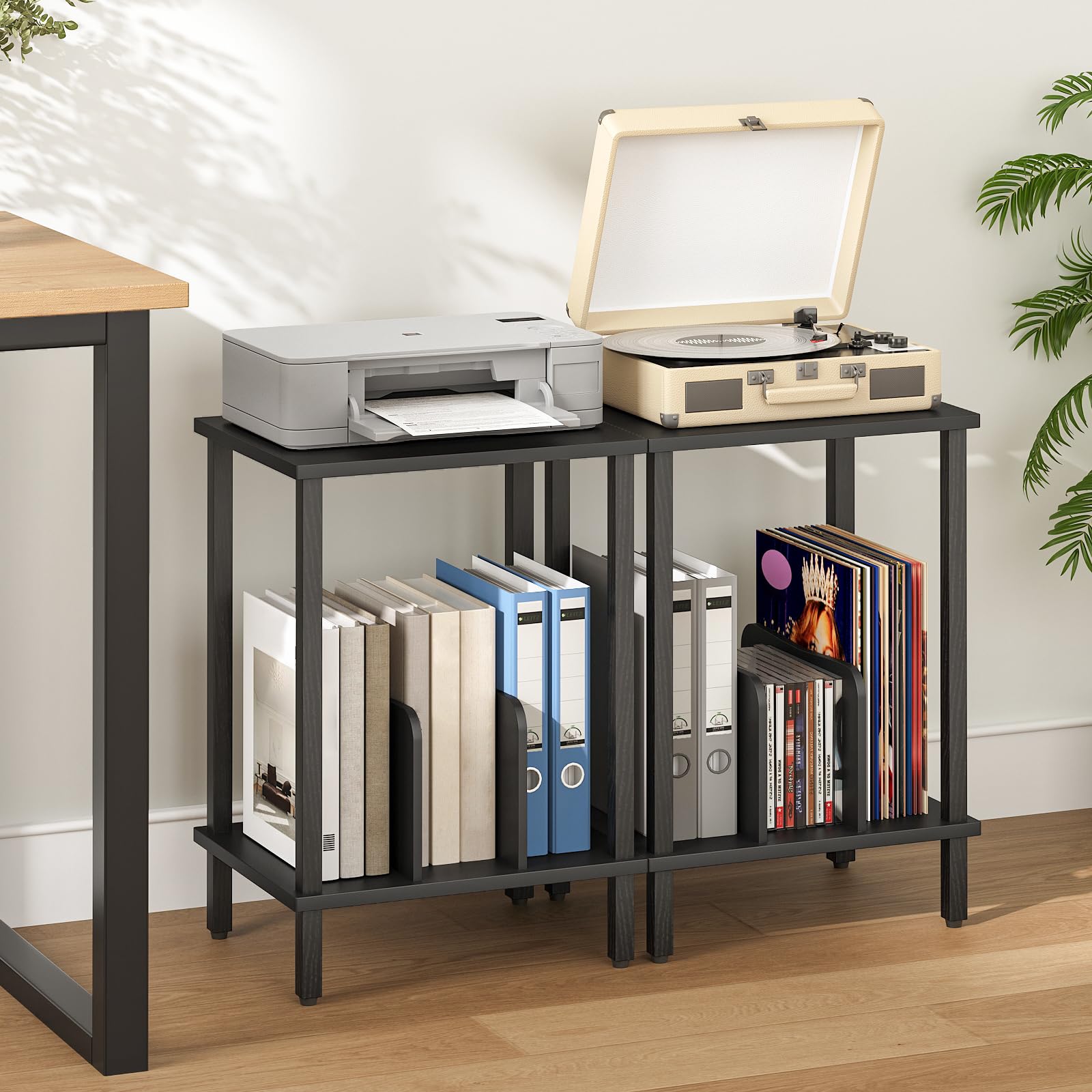 HOOBRO Soporte para Tocadiscos de 2 Niveles, Mesa para Tocadiscos de Vinilo de Estilo Industrial, con Separadores, para 100 Discos y CD, Mesa Auxiliar para Salón, Negro EBK05RS01
