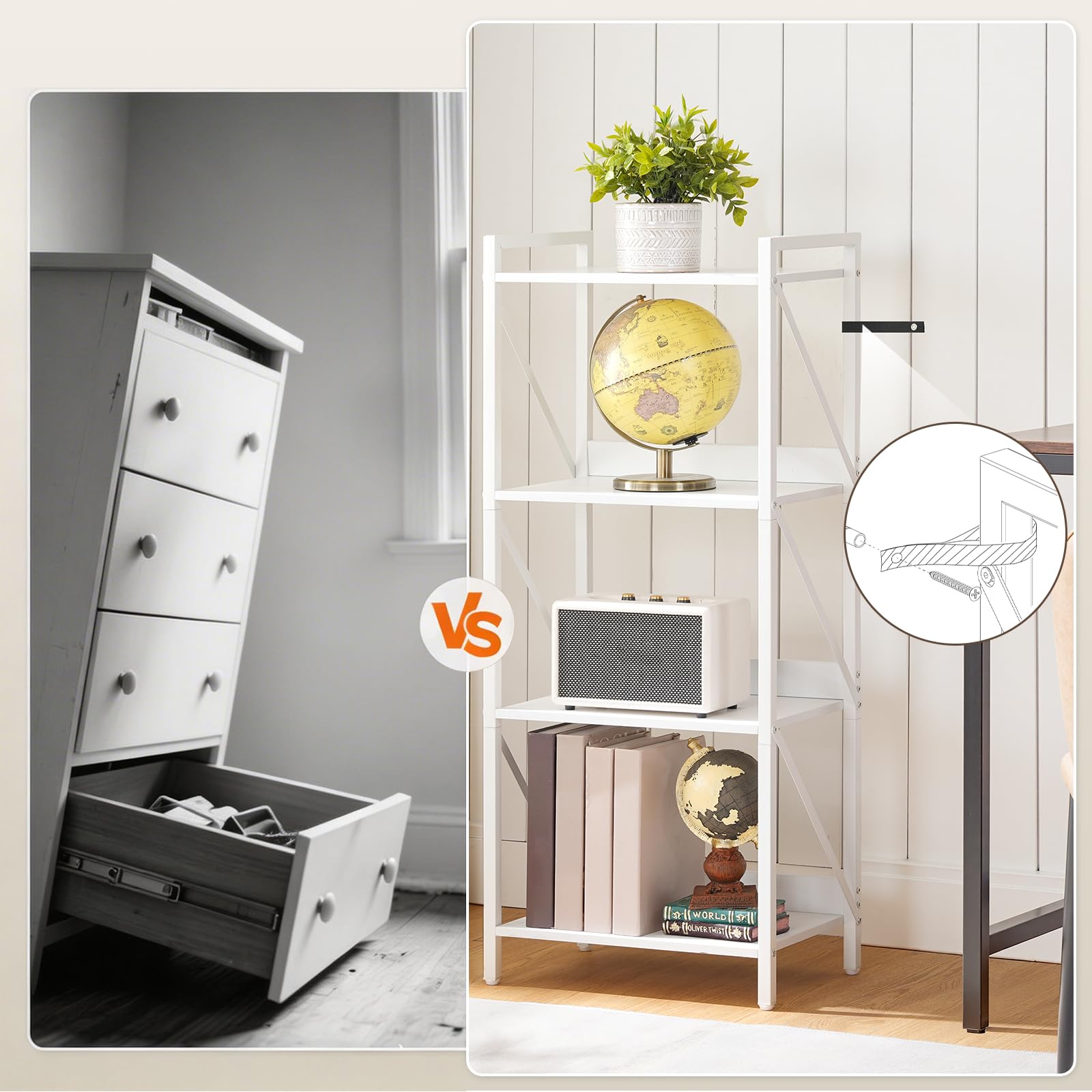 HOOBRO Scaffale a 4 Ripiani in Stile Moderno, Libreria Angolare, Scaffale a Scala, con Struttura in Metallo, per Soggiorno, Camera, Ufficio, Cucina o Ingresso, Bianco EWW40SJ01