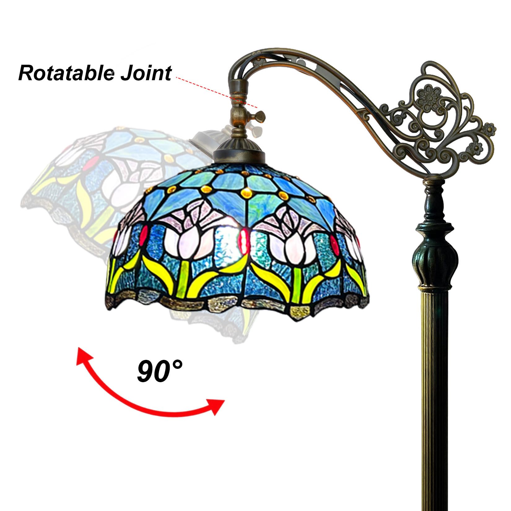 Lampa podłogowa w stylu Tiffany, witraż, łukowa, tulipan, 12x18x63 cale, regulowana, narożna, do czytania, dekoracja sypialni, salonu, niebieski, niebieski, niebieski，Blue