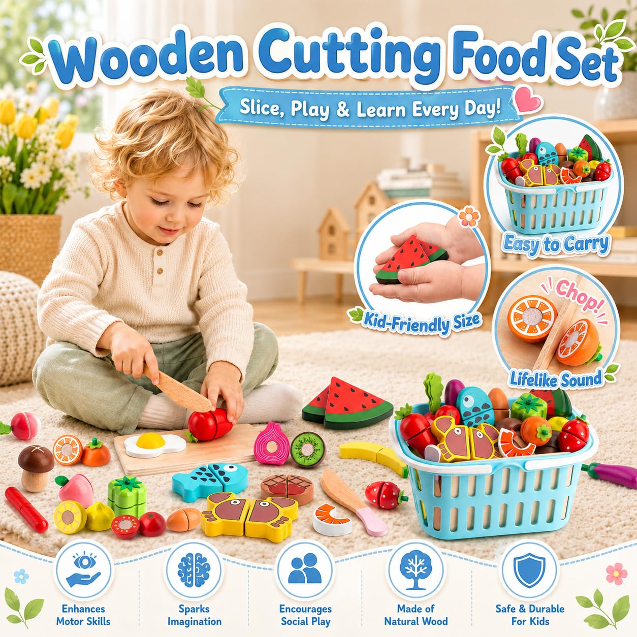 BunnyJOY Dinette Bois Accessoires Cuisine Enfant 2 3 Ans, Fruits et Légumes en Bois à Découper  26 Pièces, Jeu Éducatifs D’Imitation, Jouets Montessori 3 4 5 Ans, Cadeau Filles Garçons
