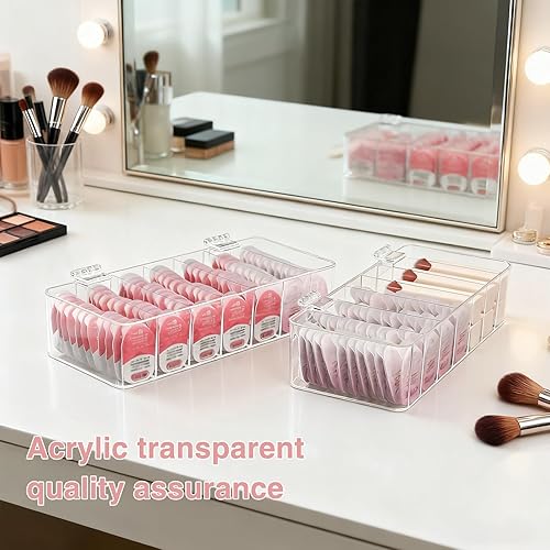 Miniatura 8 de Paquete de 2 organizadores de maquillaje acrílico transparente, organizador de baño de 7 secciones para cajón, vitrinas de cosméticos con tapa,