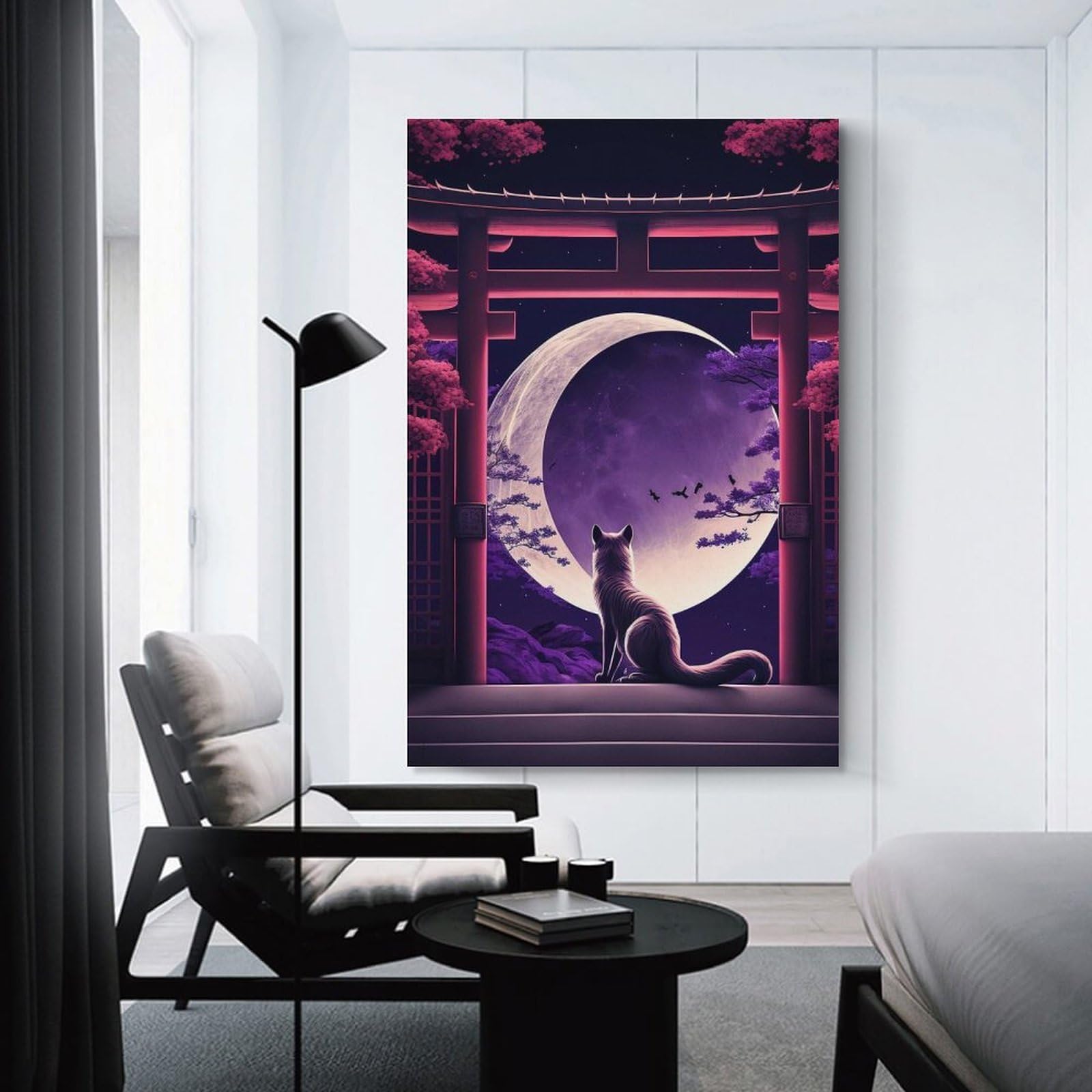 Junmoney Cat Moon Night Japane Canvas Wall Picture, 08x12inch(20x30cm), for Wall Displays, Bedrooms Or Room Updates, Wall Decor Suited to Curated Displays
