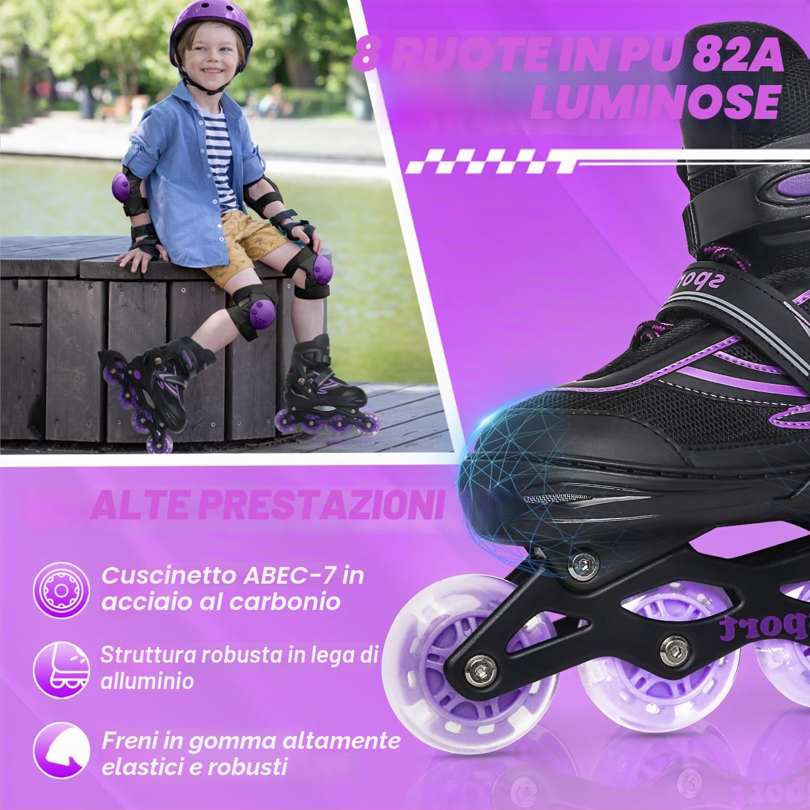 Pattini in linea regolabili per bambini ragazze ragazzi principianti, Pattini a rotelle per bambino e adolescente per lo sport viola e blu