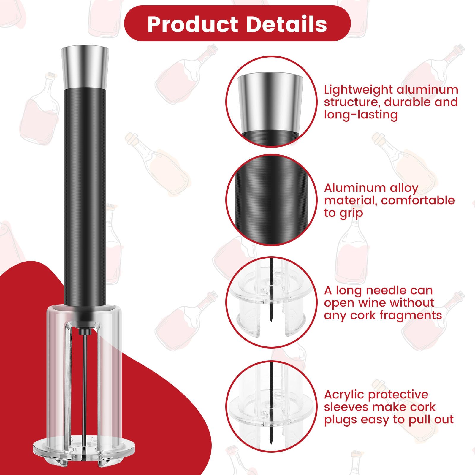 Wine Opener Set Air Pressure Pump Wine Bottle Opener Set including Foil Cutter Easy Cork Remover Corkscrew Vacuum Wine Stoppers for Wine Lovers - Image 3