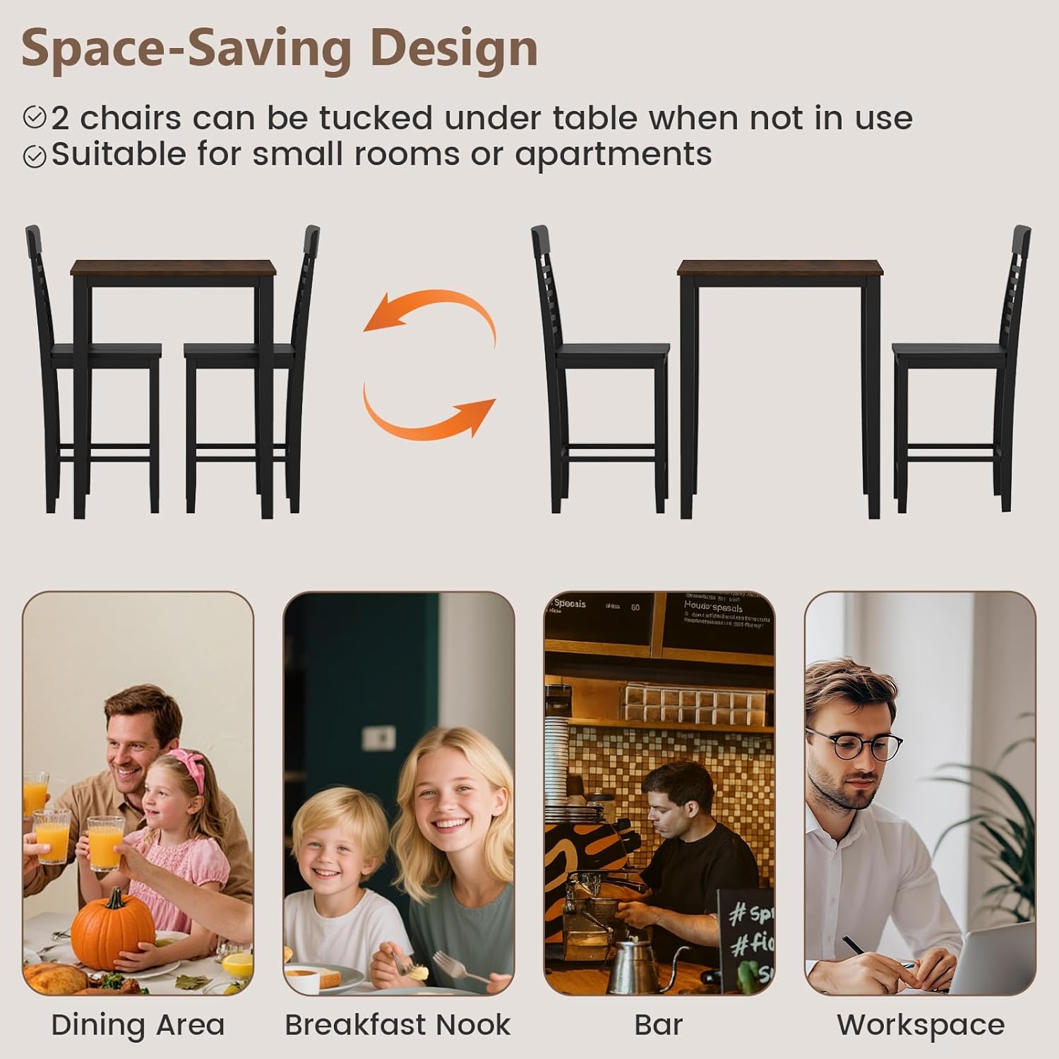 Diagram illustrating the space-saving design where chairs can be tucked under the table, and examples of use in dining areas, breakfast nooks, bars, and workspaces.