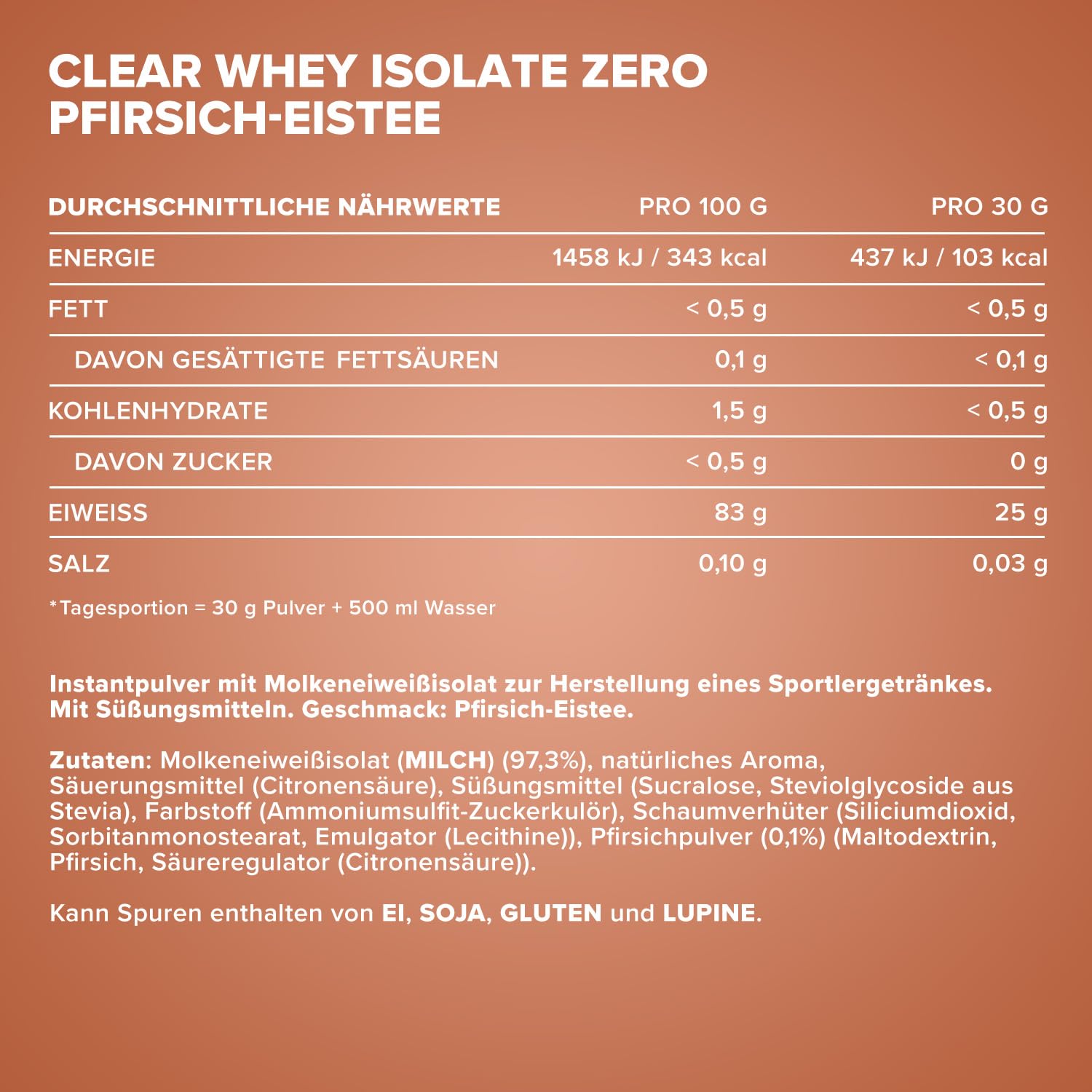 IronMaxx Clear Whey Isolate Zero - Peach Ice Tea 400g Dose | Klarer Molkenprotein-Isolat ohne Zucker | Laktosefreies Clear Protein | Protein Limonade mit fruchtig-erfrischendem Geschmack