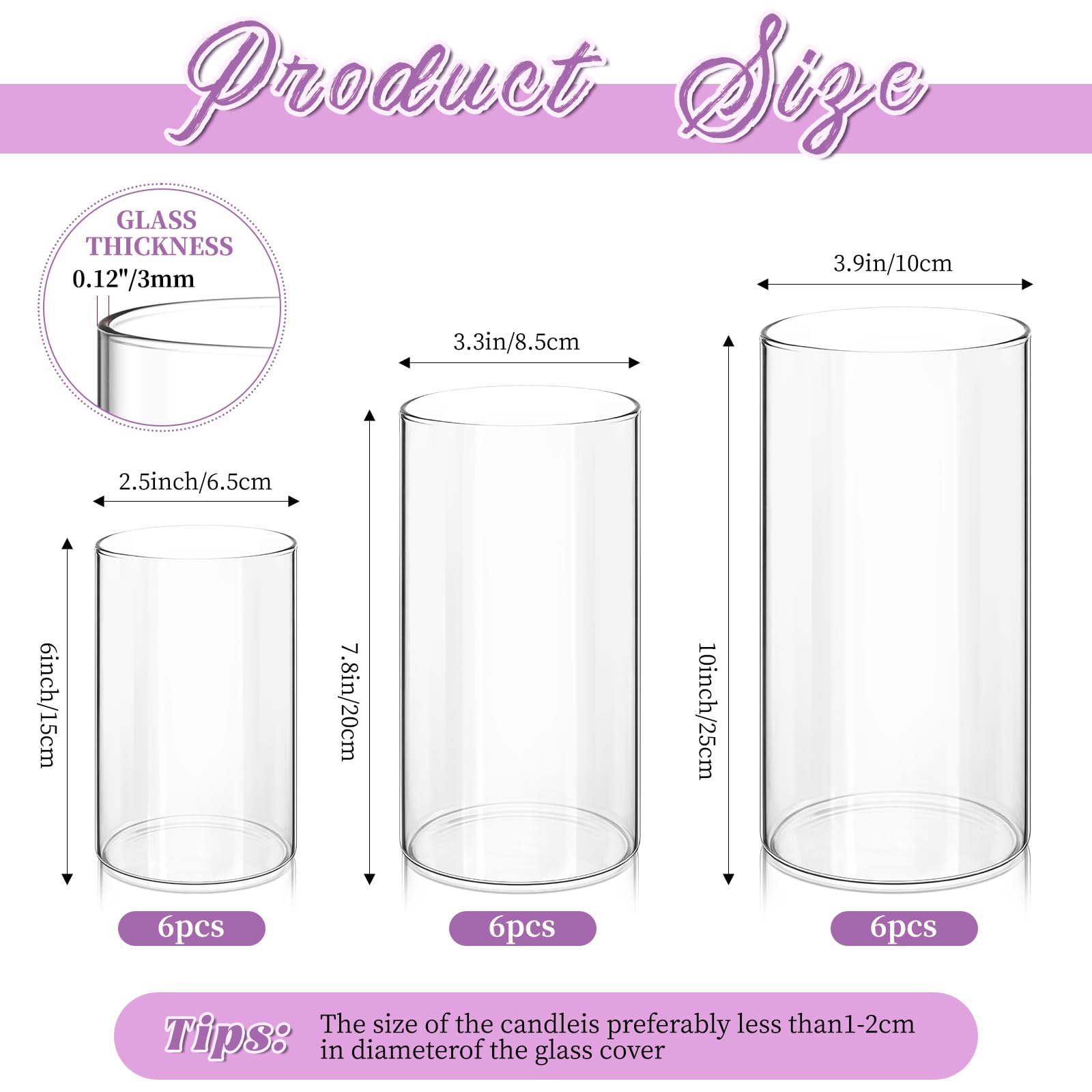 Glass Hurricane Candle Holder Set of 18, Pillar Candle Holders for Table Centerpiece, Clear Glass Cylinder Candleholder, Chimney Tube, Clear Vases for Floating Candles Wedding Decorations