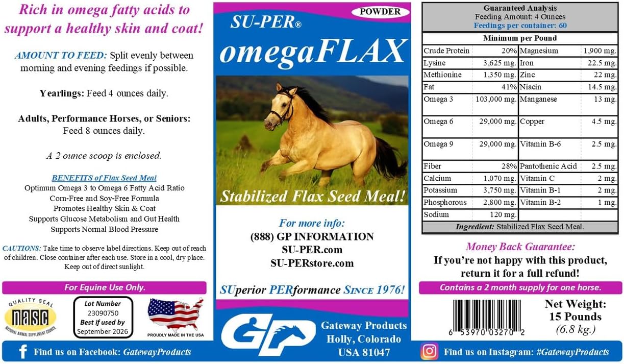SU-PER OmegaFLAX Flax for Horses - Premium Stabilized Flax Seed Meal & Omega 3 Supplement - Supports Healthy Skin & Coat - 15 Pound