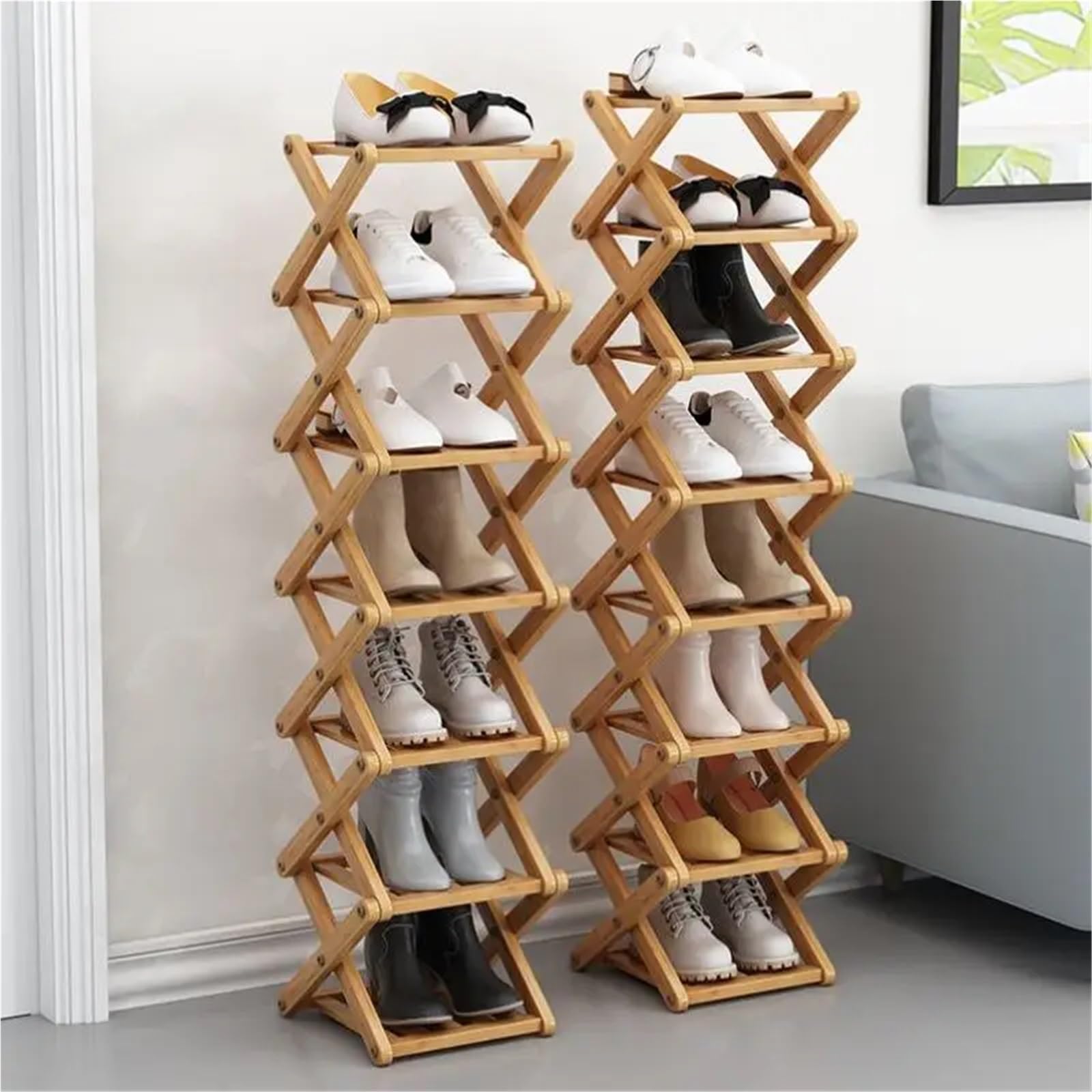 Scarpiera pieghevole in bambù – 5 ripiani multistrato per camera da letto, ingresso casa, design salvaspazio – sistema semplice ed elegante con barre trasversali