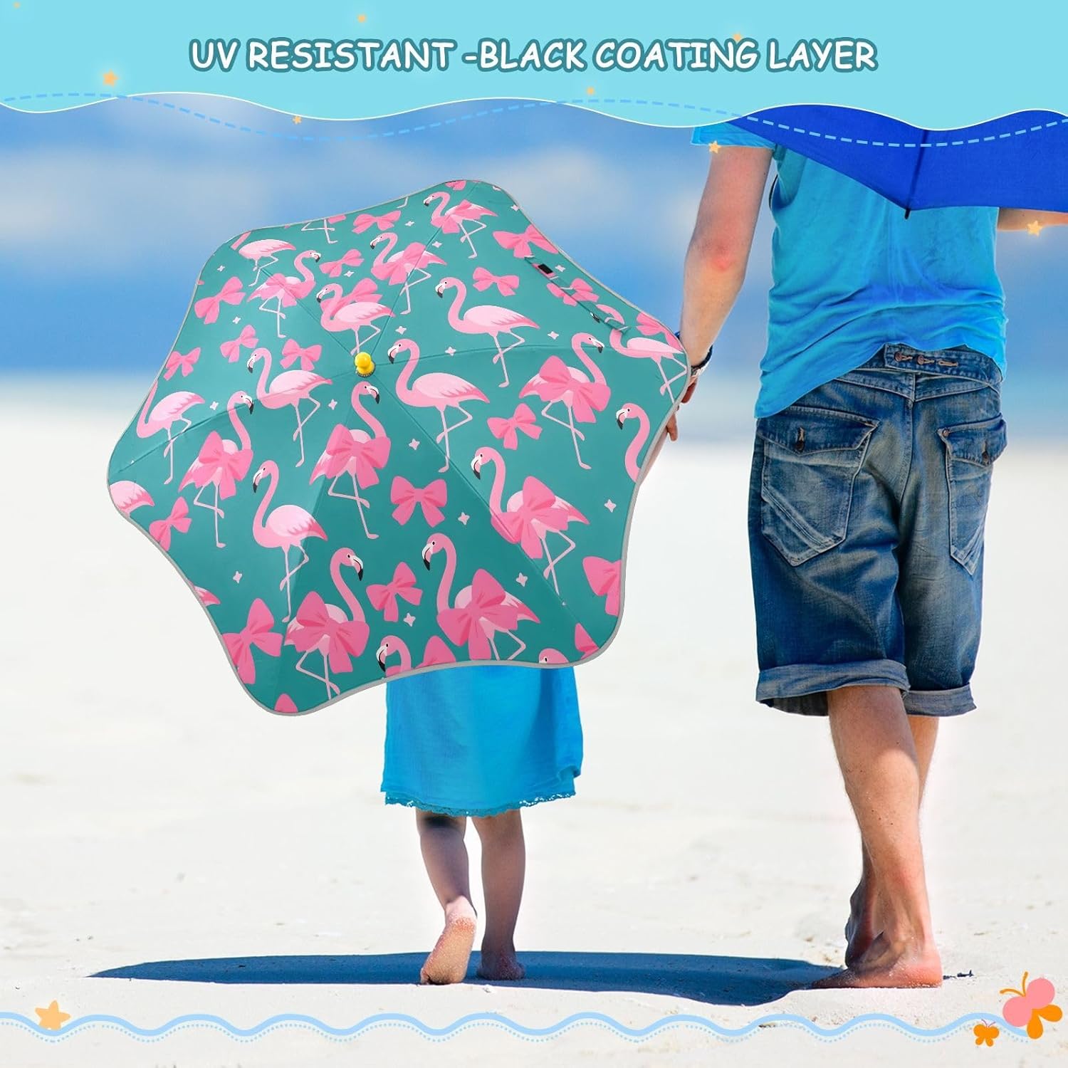 Kids Umbrella Flamingo Pink Bow Pattern Windproof Folding Stick Umbrellas for rain Toddler Cute Umbrella for girls & boys